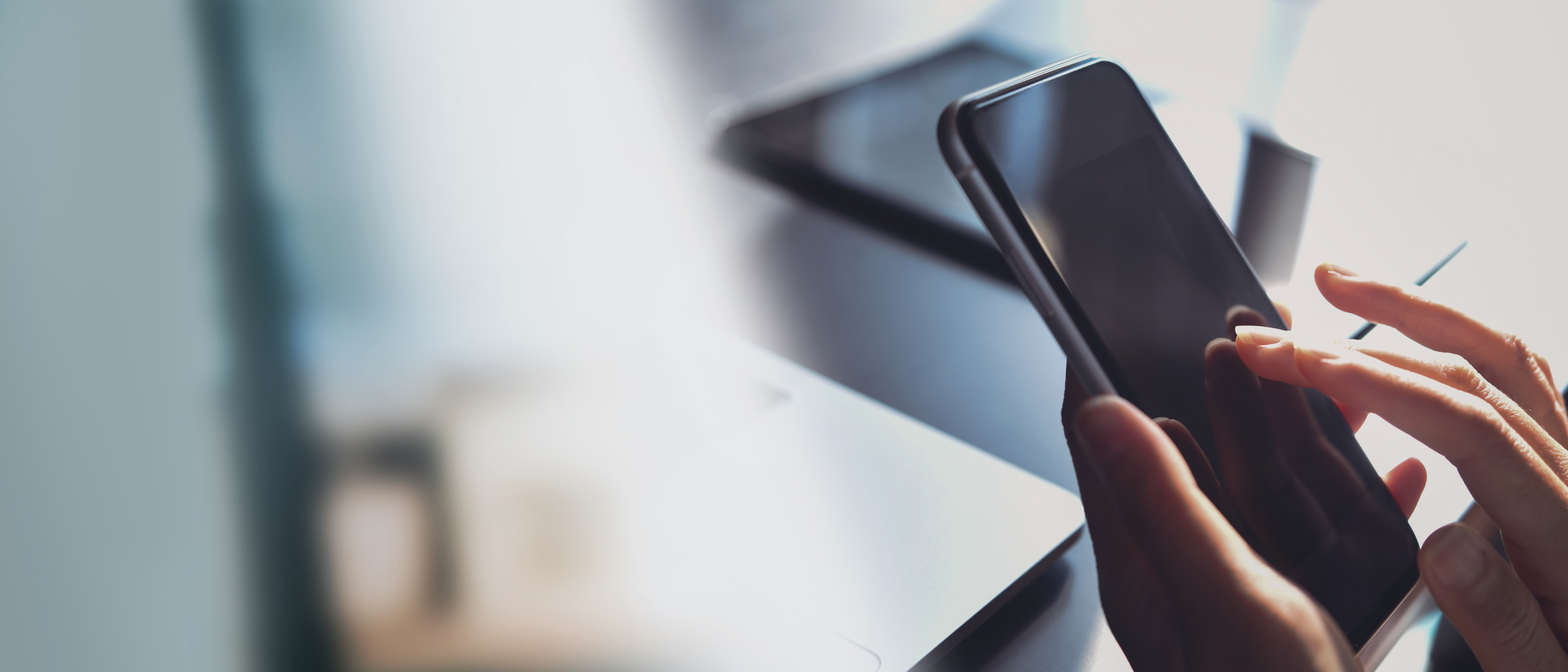 Close-up, business woman using smartphone, touching on screen, s